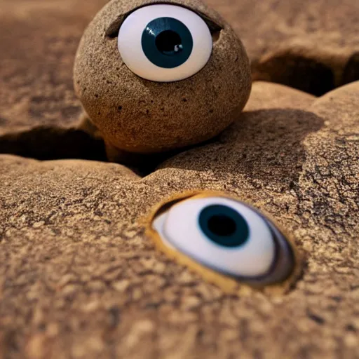 Image similar to a smooth stone that has 2 googly eyes. on a desert cliff with a blurry background.