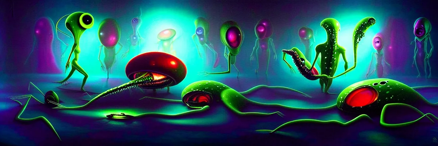 Prompt: strange alien plankton creatures from the depths of the collective unconscious, dramatic lighting, surreal darkly colorful painting by ronny khalil