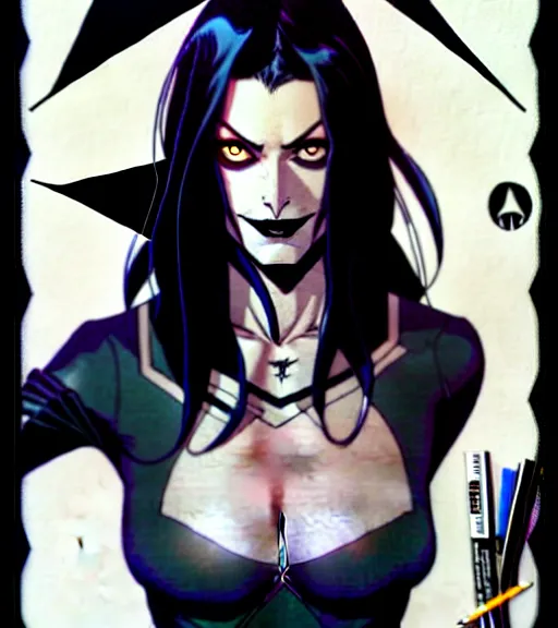 Image similar to artgerm, joshua middleton comic cover art, pretty friendly phoebe tonkin as death sandman comic death appears as a young, attractive, slim, she has very pale skin, dark eyes, long black hair that she wears in a variety of styles and has an eye of horus painted under one of her eyes, she prefers to dress casually and she wears black clothing