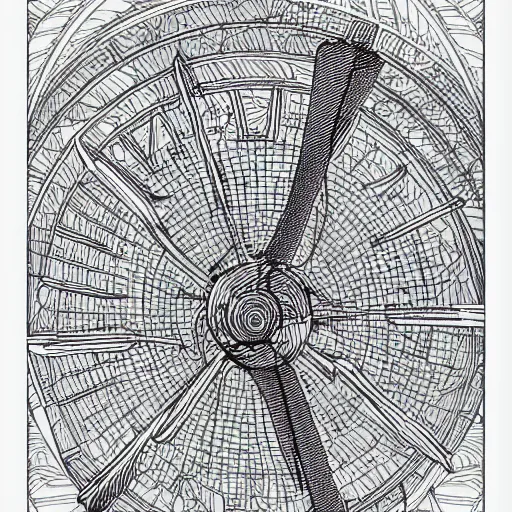 Image similar to Simplistic coloring book of a turbine blueprint, black ball pen on white paper, by Josan Gonzalez and Geof Darrow