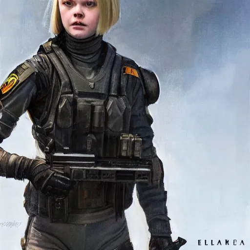 Image similar to ultra realistic portrait painting of elle fanning in prey wearing swat gear, art by frank frazetta, 4 k, ultra realistic, highly detailed, epic lighting