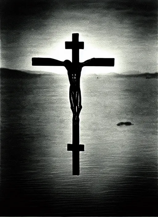 Image similar to “semitranslucent frog body vertically hovering over misty lake waters in crucifix pose, low angle, long cinematic shot by Andrei Tarkovsky, paranormal, eerie, mystical”
