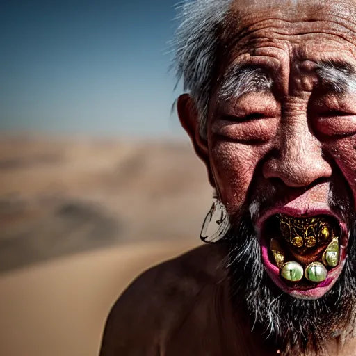 Image similar to screaming old asian man with beard, his head covered in jewels, full face silver mask, glowing eyes, wearing a wooden stick, smoke around him, in the dry rock desert, cinematic shot, wide angle, desert background, award winning photography, 8k, in the style of David Lynch, Alejandro Jodorowsky and Gaspar Noe