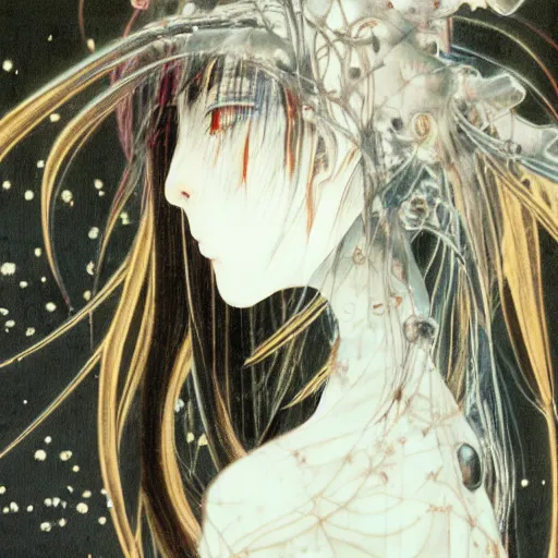 Image similar to yoshitaka amano blurred and dreamy realistic illustration of a young japanese woman with black eyes, wavy white hair fluttering in the wind wearing elden ring armor with engraving, abstract patterns in the background, satoshi kon anime, noisy film grain effect, highly detailed, renaissance oil painting, weird portrait angle, blurred lost edges, three quarter view