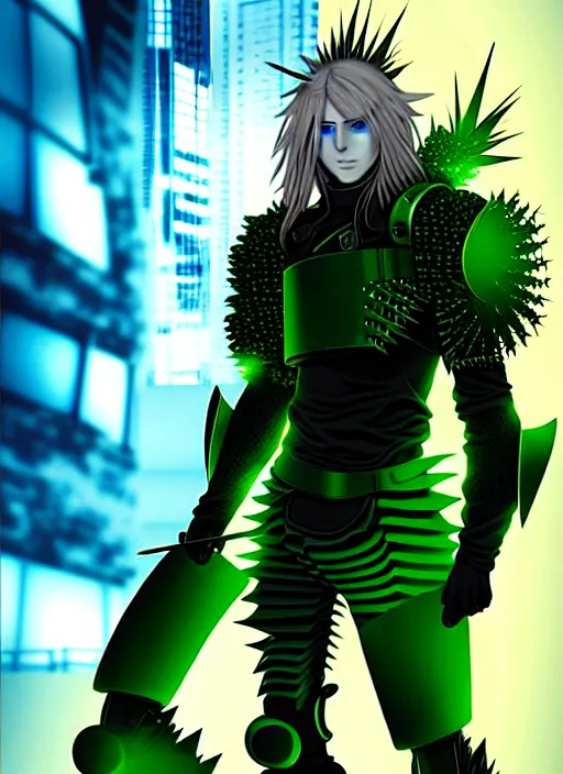 Image similar to a striking cinematic full body manga portrait of a male warrior with long blonde hair and blue eyes wearing evil green spiked cyberpunk armour and standing in the desolate burning ruins of a futuristic city by hirohiko araki and beeple, fine details, digital art, character concept art, volumetric lighting, cinematic light, photorealistic