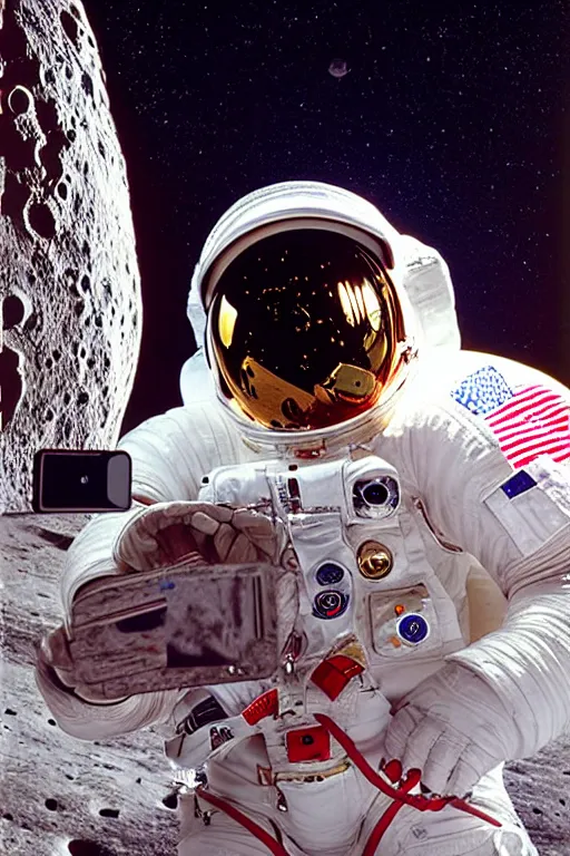 Image similar to extremely detailed studio portrait of space astronaut taking a selfie, holds a smart phone in one hand, phone!! held up to visor, reflection of phone in visor, moon, extreme close shot, soft light, golden glow, award winning photo by herb ritts