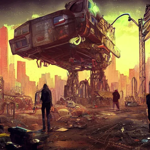 Prompt: digital art, trending on artstation, a post apocalyptic world ruled by rusty machines under a full moon in a gigantic city full of neon lights and machines acting like humans, these being the vast majority of the population.