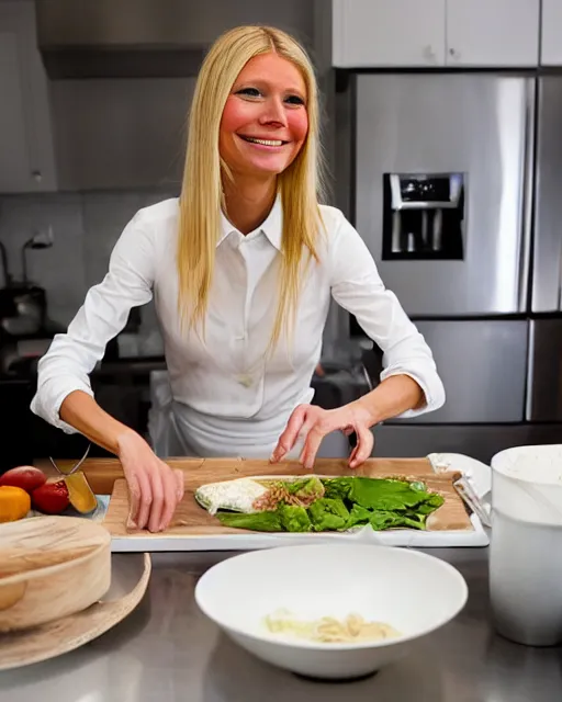 Image similar to wide shot photoshoot of gwyneth paltrow preparing a meal, 8 k, photorealistic