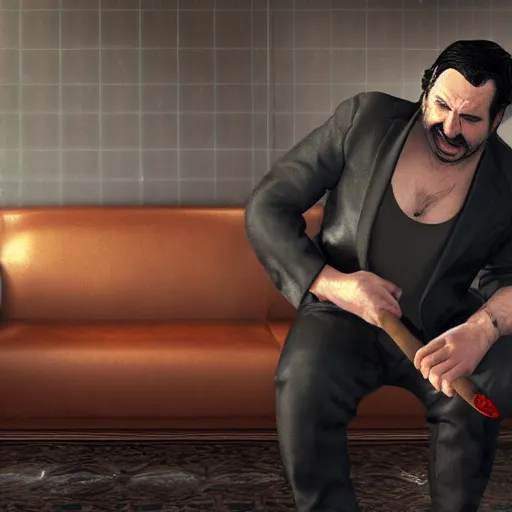 Prompt: a midage italian male, short black hair with gel, sharp teeth, overweight, fine white shirt, leather belt, black pants, leather shoes, smoking a cigar, full body, isolated background, gta v style, concept art, highly detailed, hyper realistic, unreal engine