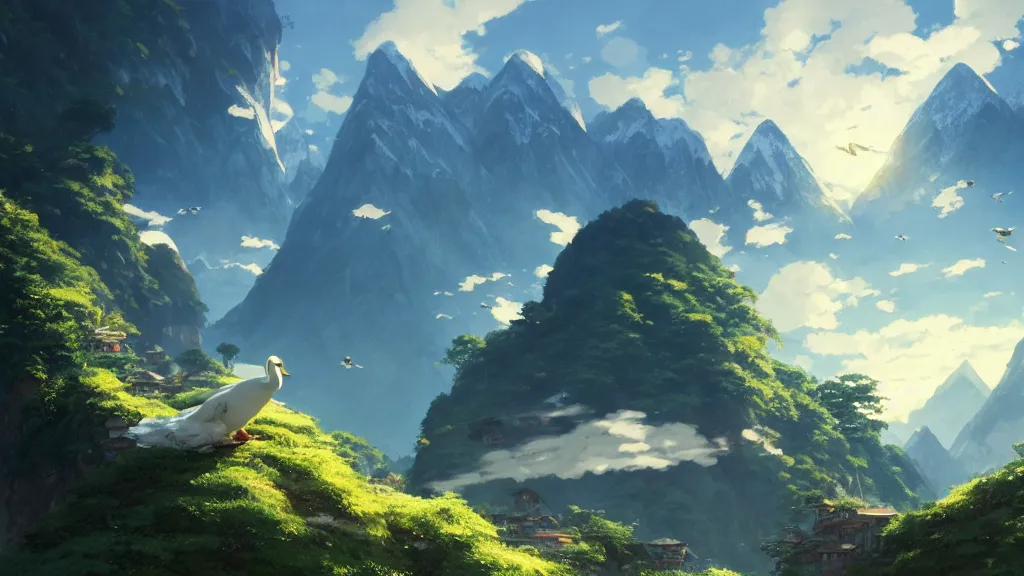 Prompt: village observes beautiful giant white duck flying over mountains, huge feathery wings, mountain landscape, himalayas, cozy wallpaper, 4 k, high details, vivid atmospheric lighting, by makoto shinkai, studio ghibli, greg rutkowski, ross tran