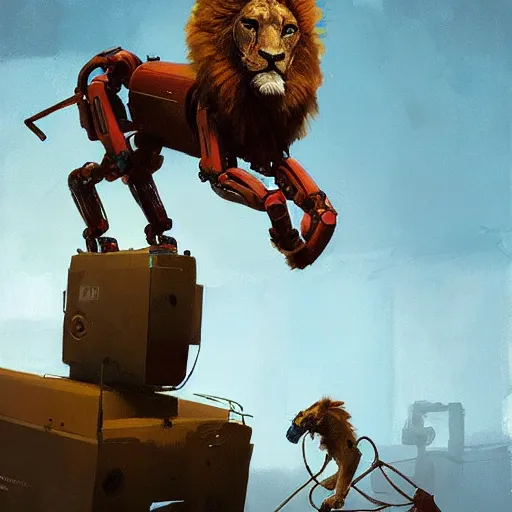 Prompt: a robotic lion , artwork by Sergey Kolesov, detailed, dynamic, cinematic composition