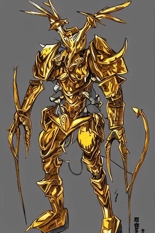 Image similar to an anime showing the new golden armor zodiac Knight by tatsuya Yoshikawa artist Rendering the frog constellation armor . Sharp focus, full of details, by utsurowazaru mono and jet set radio , ,concept art, trending on artstation and cell shading