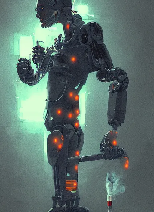 Prompt: a robotic man smoking a cigarette, cyberpunk, glowing lights, detailed artwork trending on artstation by greg rutkowski