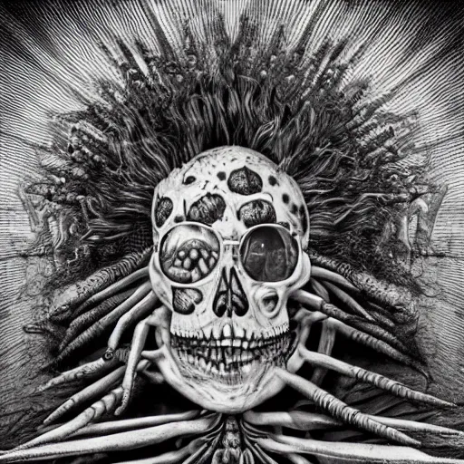 Prompt: punk metal album cover, black and white, psychedelic, giuseppe arcimboldo