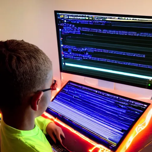 Image similar to a boy coding in a celestial computer to save the universe