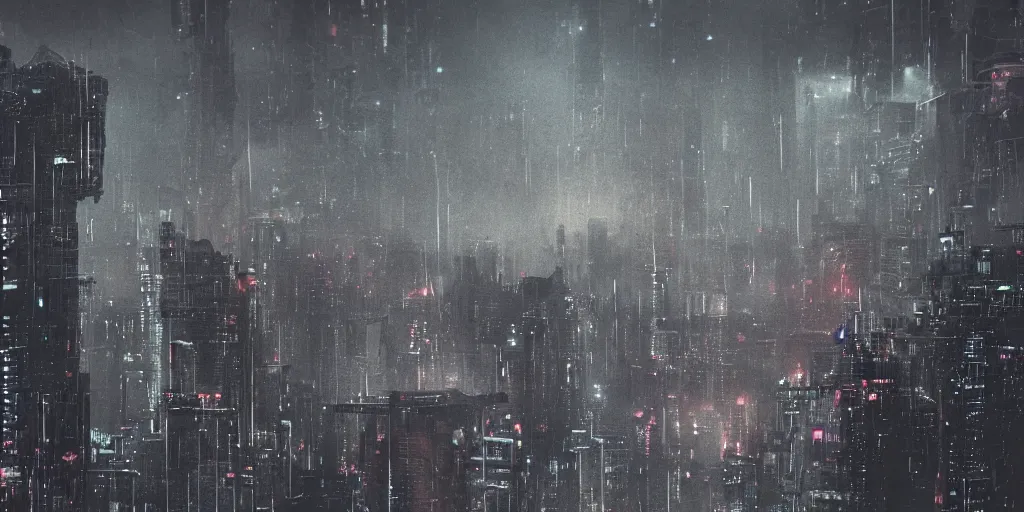 Image similar to 35mm photography film still landscape of cyberpunk city with industrial fires and smog, futuristic dystopian megacity skyline, rain falling, matte painting, cyberpunk noir, neon, sharp focus