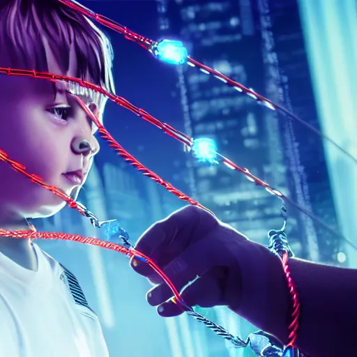 Prompt: cyberpunk kid programming his parents. the kid hand holding wire that connected to the parents head. 4 k, photorealistic, artstation, ultra detrailed.