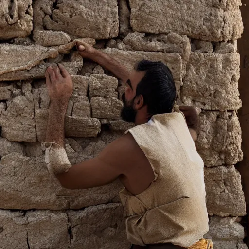 Image similar to 40 year old Mediterranean skinned man in ancient Canaanite clothing building a broken wall in Jerusalem, layered paper illustrated 2022