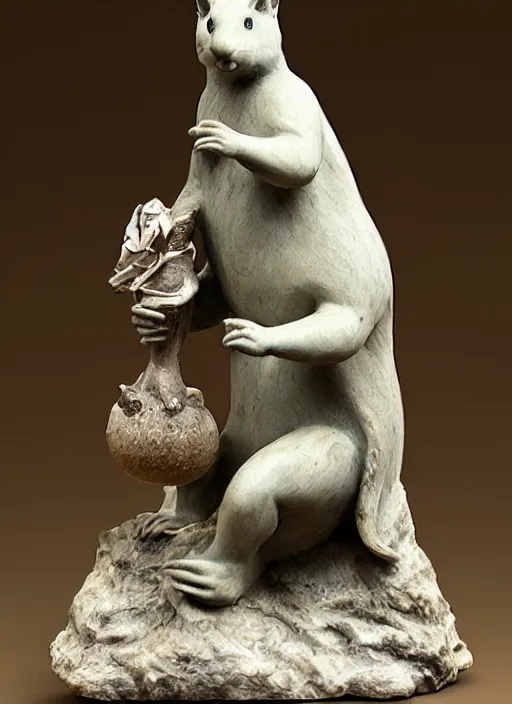 Image similar to A marble statue of a squirrel holding an acorn in the style of Statue of Liberty. museum photo