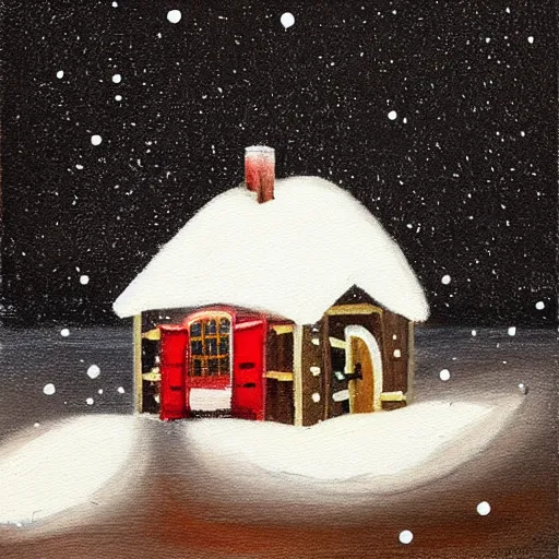 Prompt: a tiny person outside their tiny wooden cottage with warm lights in the snow inside a snowglobe, beautiful oil painting with black background.