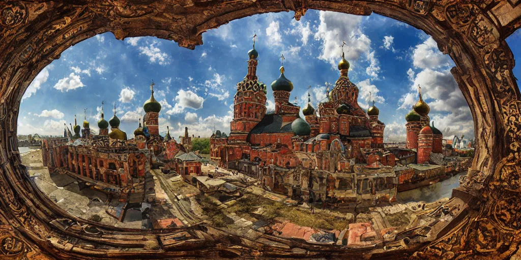 Image similar to photo beautiful magical ancient Slavic Russian city of Kitezh, fisheye lens, painting by Viktor Vasnetsov, concept art, magical city, fantasy cityscape, ancient Slavs, wooden buildings, ancient Russian architecture, terem, hyperborea, top cinematic lighting , cinematic mood, very detailed, 8k, high resolution, trending on artstation, painting by Nicholas Roerich, artstationHD,