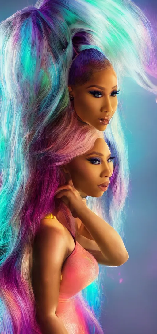 Prompt: nicki minaj, glowing hair, 8 k, cinematic light shadows, wet hdr refractions