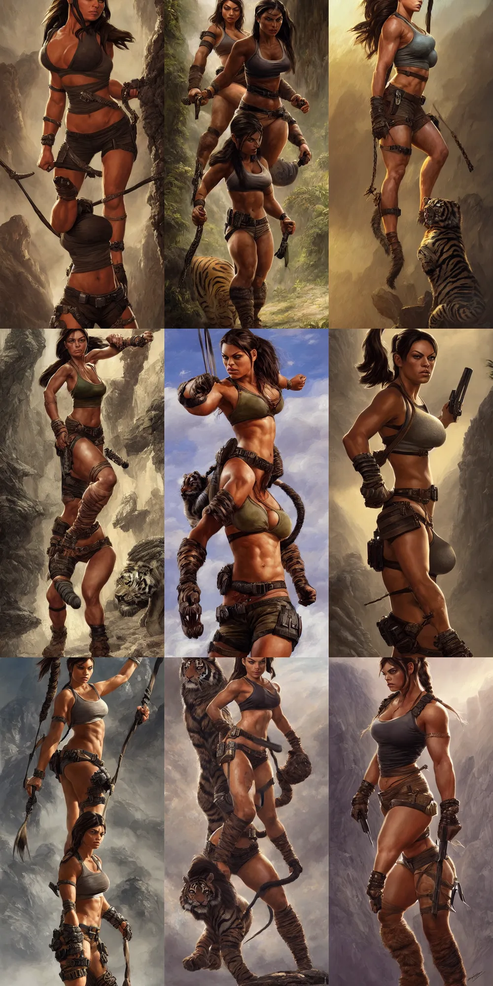 Prompt: epic portrait of very muscled tough looking Mila Kunis as Lara Croft walking besides her giant pet tiger, elegant, highly detailed, centered, digital painting, artstation, concept art, artgerm, donato giancola, Joseph Christian Leyendecker, WLOP, Boris Vallejo, Artgerm