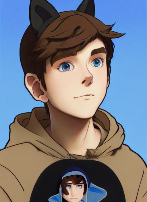 Image similar to teen boy with brown hair and big blue eyes, wearing a black hoodie with cat ears on top of it, natural lighting, path traced, highly detailed, high quality, cartoon, digital painting, by don bluth and ross tran and studio ghibli and alphonse mucha