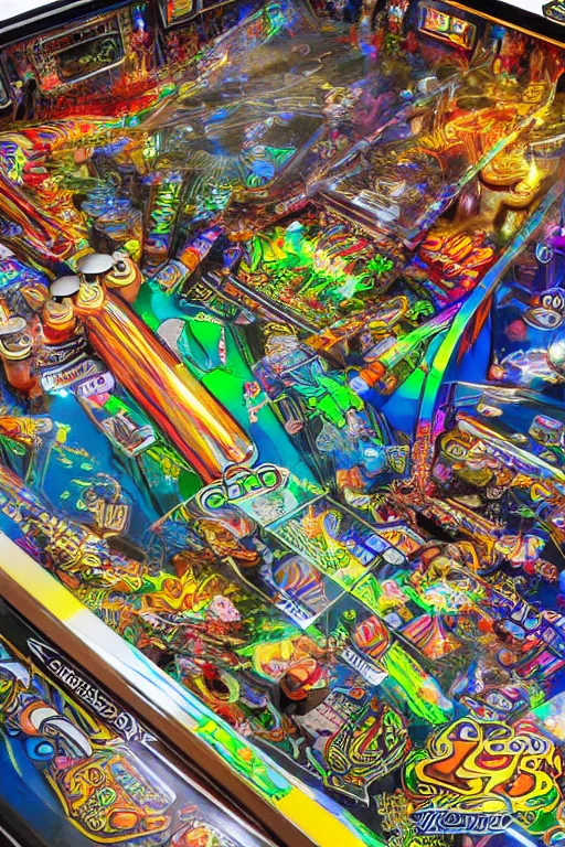 Image similar to a detailed pinball table layout overhead view, game art, realistic digital art, fluorescent colors, halluzinogenic, multicolored, exaggerated detailed, unreal engine