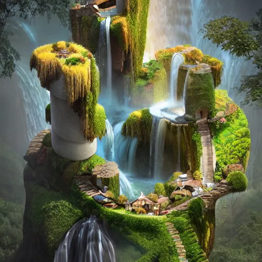 Prompt: waterfall village, by benoit mandelbrot, filip hodas, vincent callebaut, and mike campau