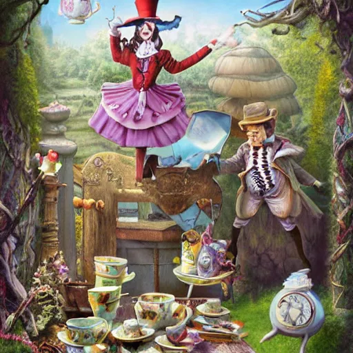 Image similar to alice in wonderland tea party with the mad hatter, march hare, alice, door mouse, lowbrow, matte painting, 3 - d highly detailed, style of greg simkins