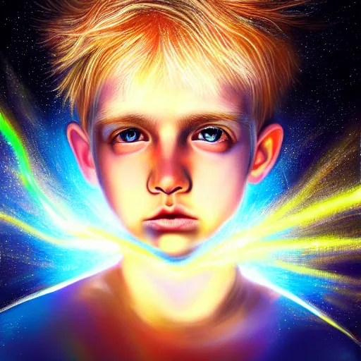 Image similar to powerful eyes glowing highly detailed painting of deep sadness alone, young blonde boy spiritual portrait, fractal electricity surrounding him, expressive emotional sadness piece, trending on art station, abstract emotional sadness expression, very very very beautiful, fantasy digital art, visionary art, magical fantasy 2 d concept art