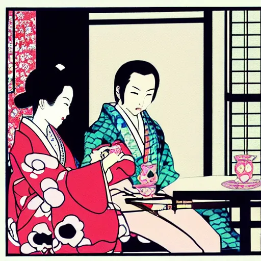 Image similar to Japanese beauty wrapped in a snake having tea with her husband by Toshio Saeki, high detailed