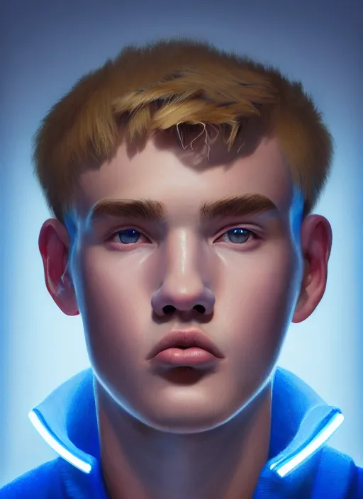 Image similar to portrait of high school senior boy named big moose, blonde short hair, jock, beefy, wide face, square jaw, square facial structure, blue varsity jacket with letter r, intricate, elegant, glowing lights, highly detailed, digital painting, artstation, concept art, sharp focus, illustration, art by wlop, mars ravelo and greg rutkowski