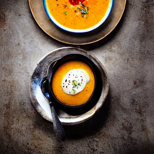 Prompt: michelin star food photography of a cooked cats head floating in a bowl of soup