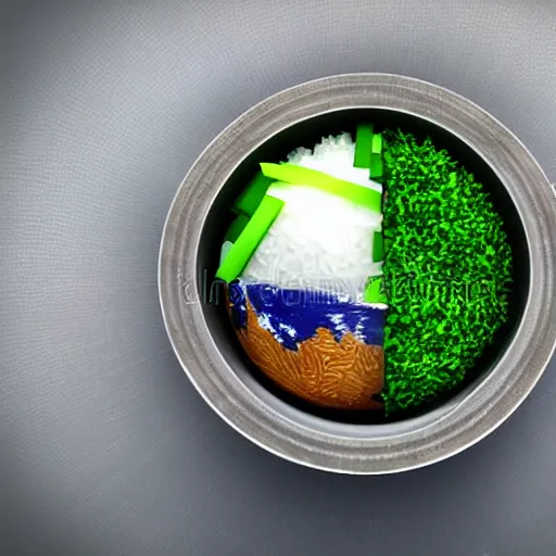 Image similar to rice bowl orbiting earth from outerspace, high quality 3D render