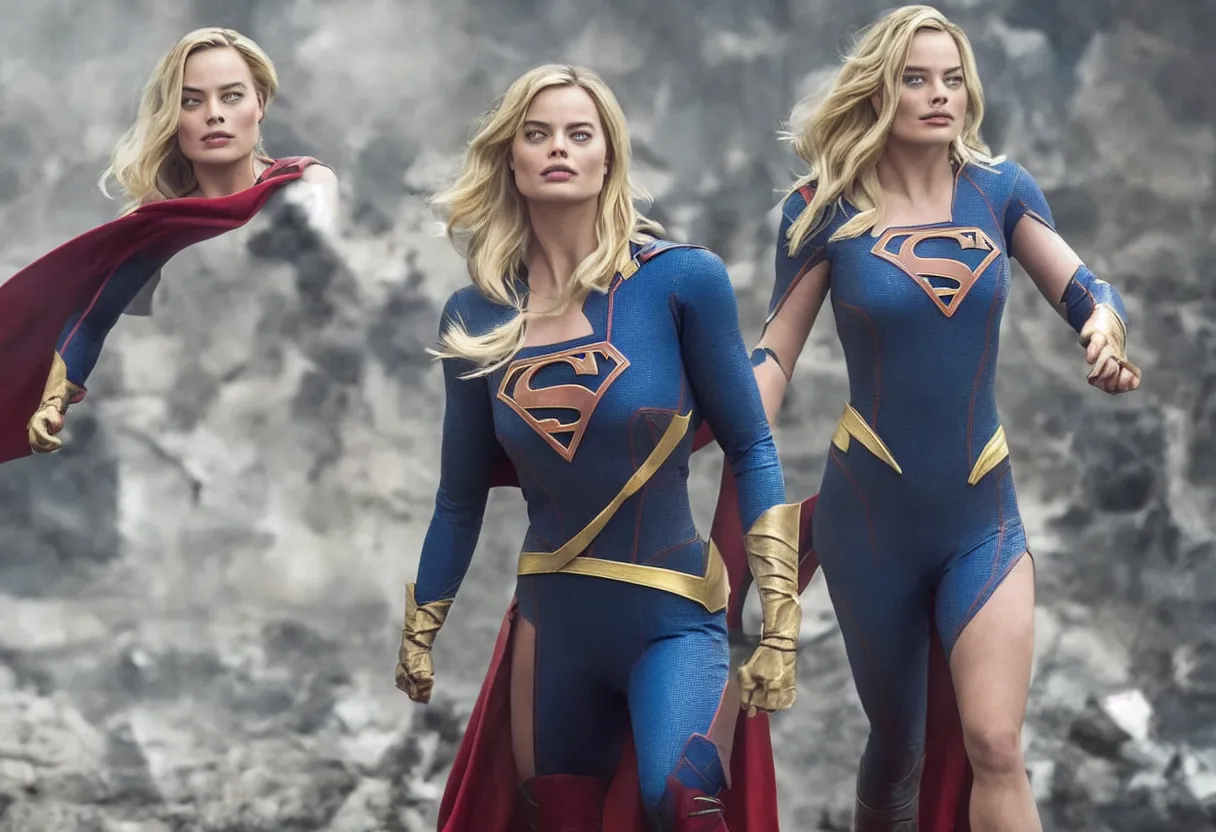 Prompt: Margot Robbie posing as supergirl, movie still, very detailed