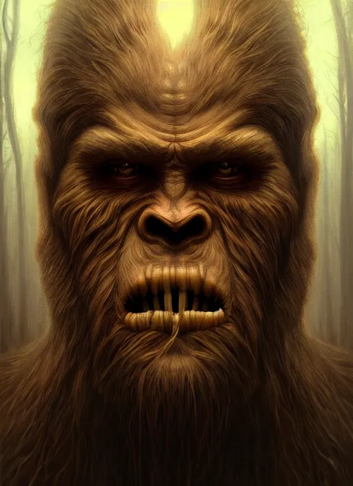 Image similar to symmetry!! portrait of scary bigfoot, horror, moody lights!! intricate, scary, highly detailed, digital painting, artstation, concept art, smooth, sharp focus, illustration, art by artgerm and greg rutkowski and alphonse mucha