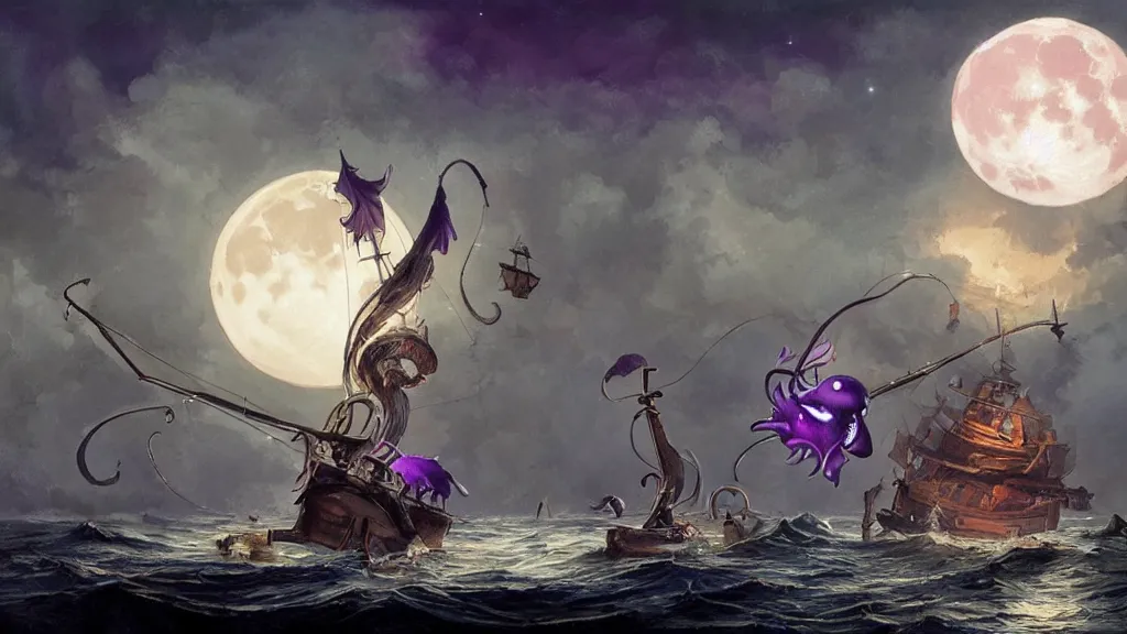 Image similar to a large!! surfacing anglerfish!!!! meets a lantern - holding!!!! sailor!!!! on a ( sloop ), ( background with large full moon and purple sky ), in the styles of greg rutkowski, jorge jacinto, and thomas veyrat intricate, accurate details