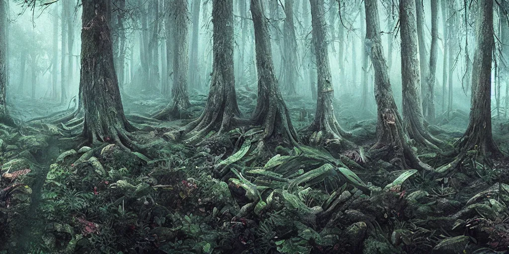 Prompt: Artwork by Filip Hodas of the cinematic view of the Forest of Horror.