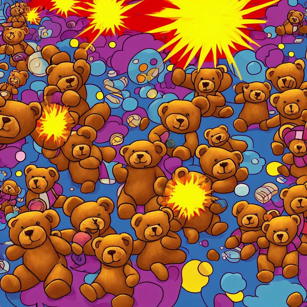 Image similar to a lot of teddy bears fights in epic battle, background a nuclear toxic multi - colored explosion in big town, psychedelic