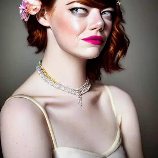 Image similar to emma stone with jewellary and flower crown, sensual, beautiful soft light failling on her face, studio photography, nikon 3 5 mm portrait photography, ultra realistic