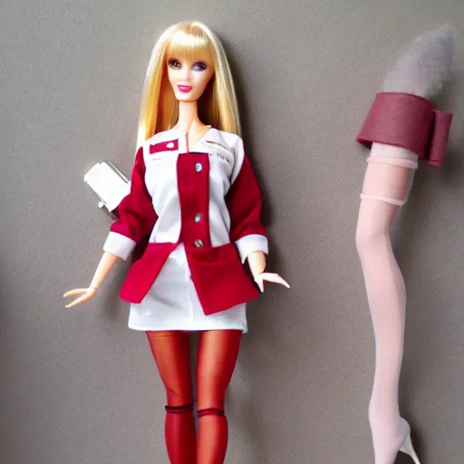 Image similar to anime barbie doll, 5 dolls, doctor suit, playboy, leather, in red velvet stockings, a nurse's dress, full length, heels on her feet