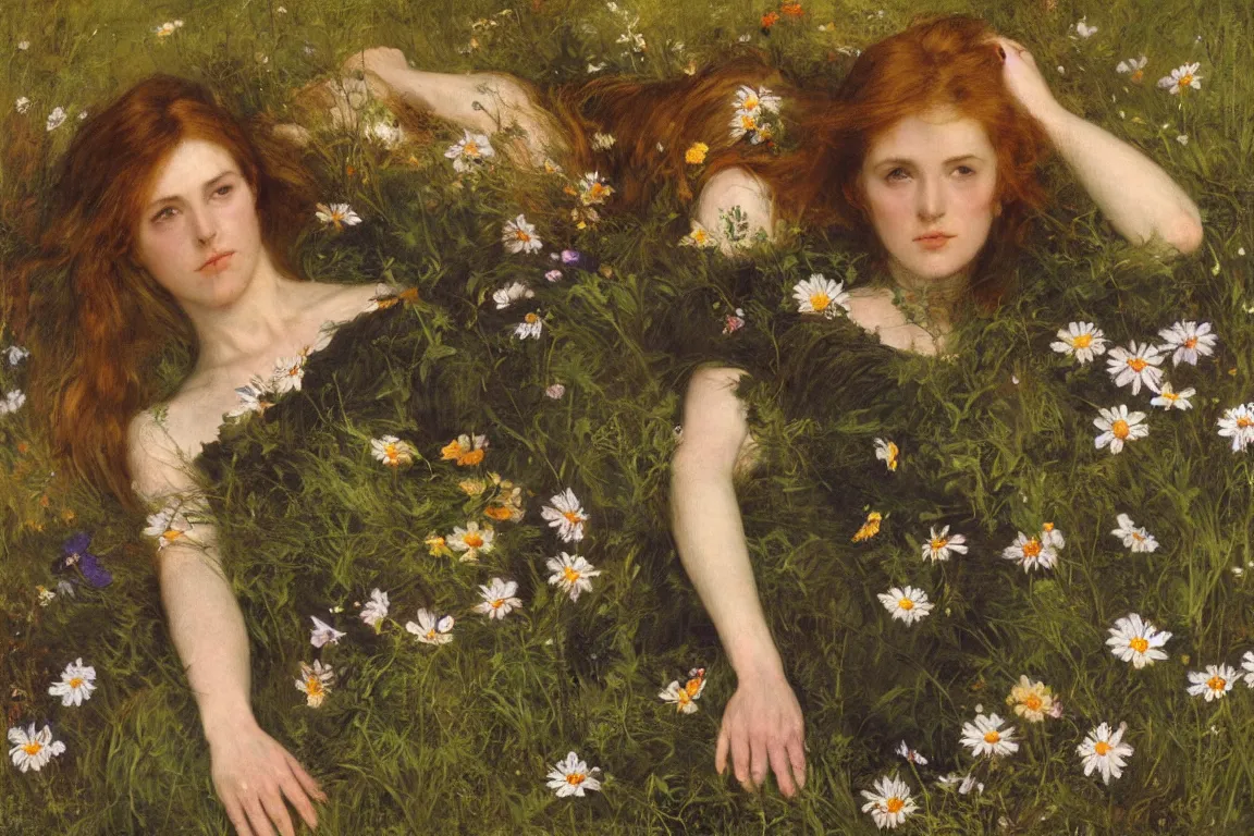 Prompt: John Millais. Close up of Apathetic pale woman lying horizontal in a dark shallow river. Thick forest, flowers are everywhere. Frame of flowers. Golden brown dress with playful details, light dark very long hair. Poppies, daisies, pansies. Naturalistic strong vibrant green colors. Fine brush strokes. Mysterious and realistic.
