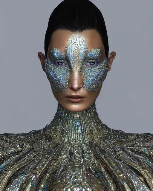 Image similar to a highly detailed metahuman 4 k close up render of an alien goddess bella hadid as alien in iris van herpen dress schiaparelli in diamonds crystals swarovski and jewelry iridescent in style of alphonse mucha gustav klimt trending on artstation made in unreal engine 4