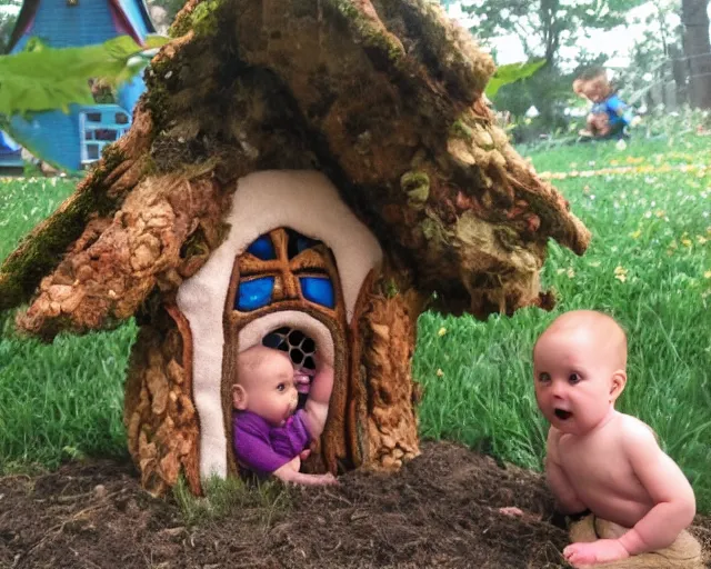 Prompt: giant baby ransacks a fairy house