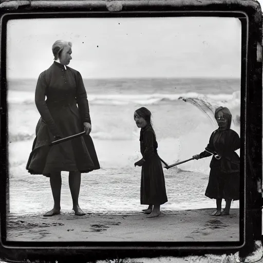 Image similar to a wet plate collodion photo of a Victorian seaside scene, twin girls and an older brother paddle in the lapping waves, watched by their nanny standing on the beach