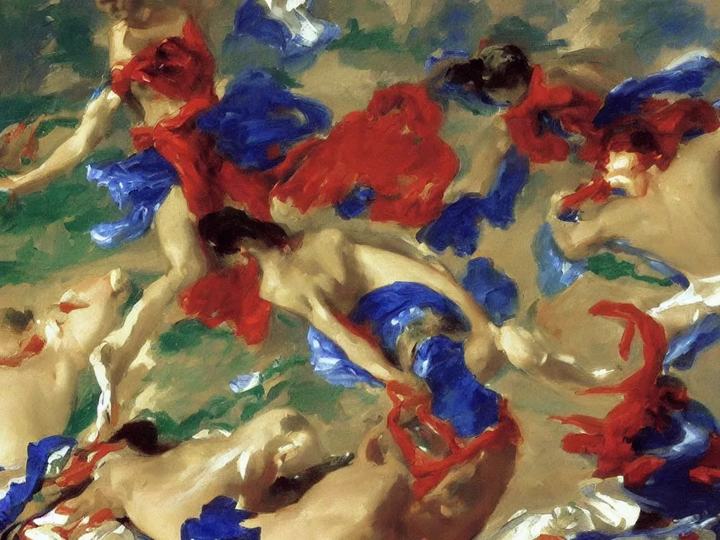 Image similar to painter fighting with lapis-lazuli, malachite, cinnabar pigments. Painting by John Singer Sargent.