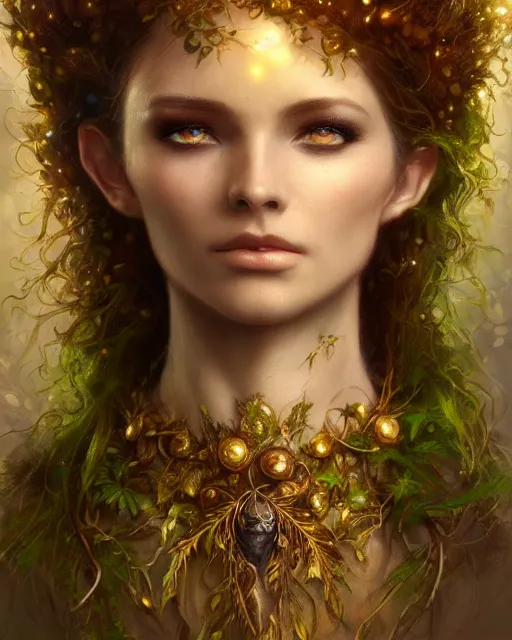 Image similar to dryad, perfect face, gold waistcoat, cinematic, stunning, highly detailed, digital painting, artstation, smooth, hard focus, illustration, art by jessica rossier and and brian froud