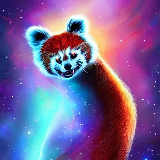 Image similar to geometric red panda with galaxy eyes in space, nebula in the background, intricate, elegant, highly detailed, digital painting, artstation, concept art, smooth, sharp focus, illustration, art by artgerm